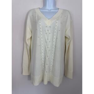 New York & Company Cream Pearl Cable Knit Sweater Medium V-Neck Long Sleeve